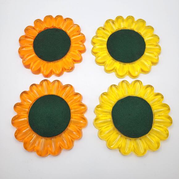 Vintage Sunflower Coasters Set of 4 Green Felt & Cork Retro 4″ 60s Cottagecore - Picture 1 of 10